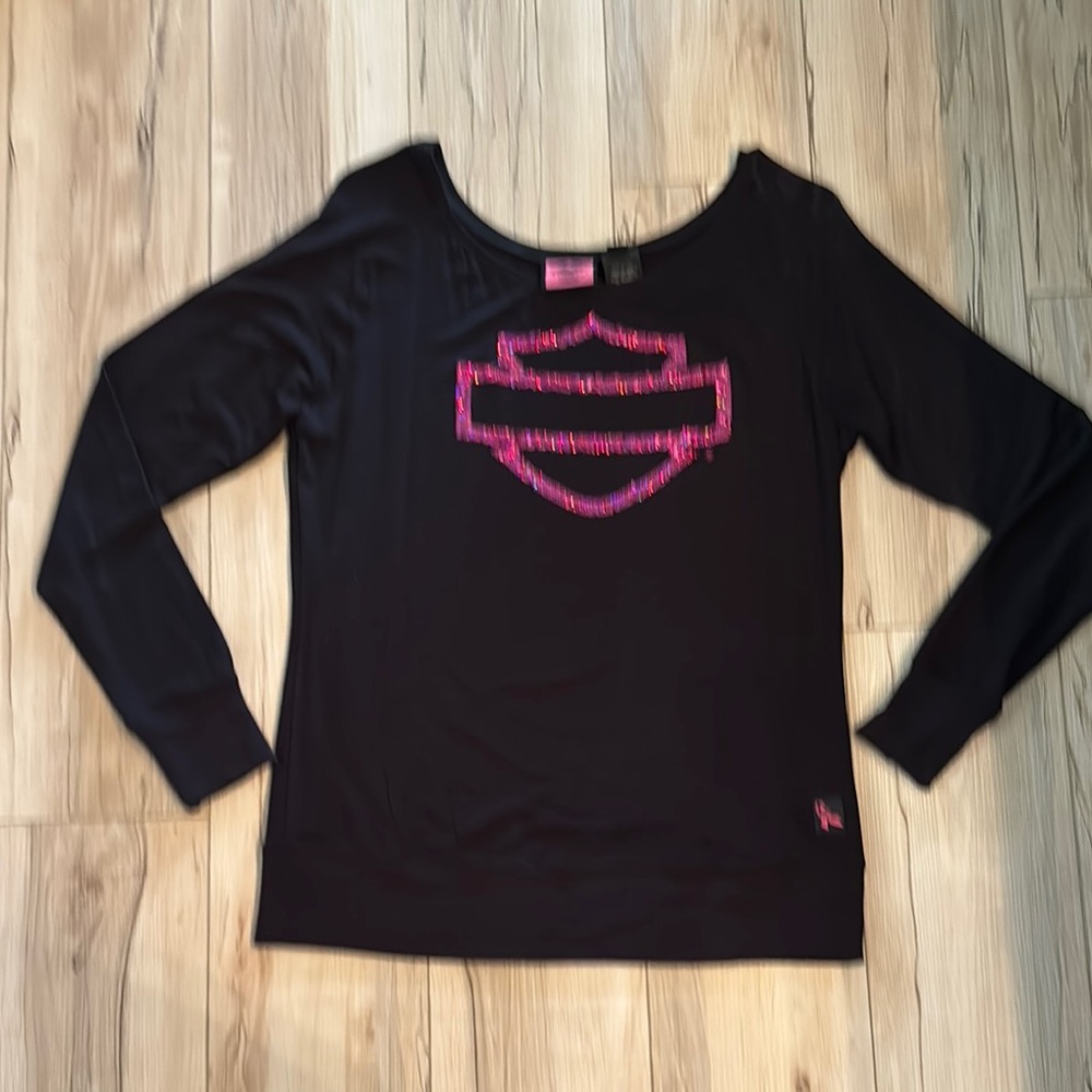 Black Long Sleeve Top with Pink Logo
